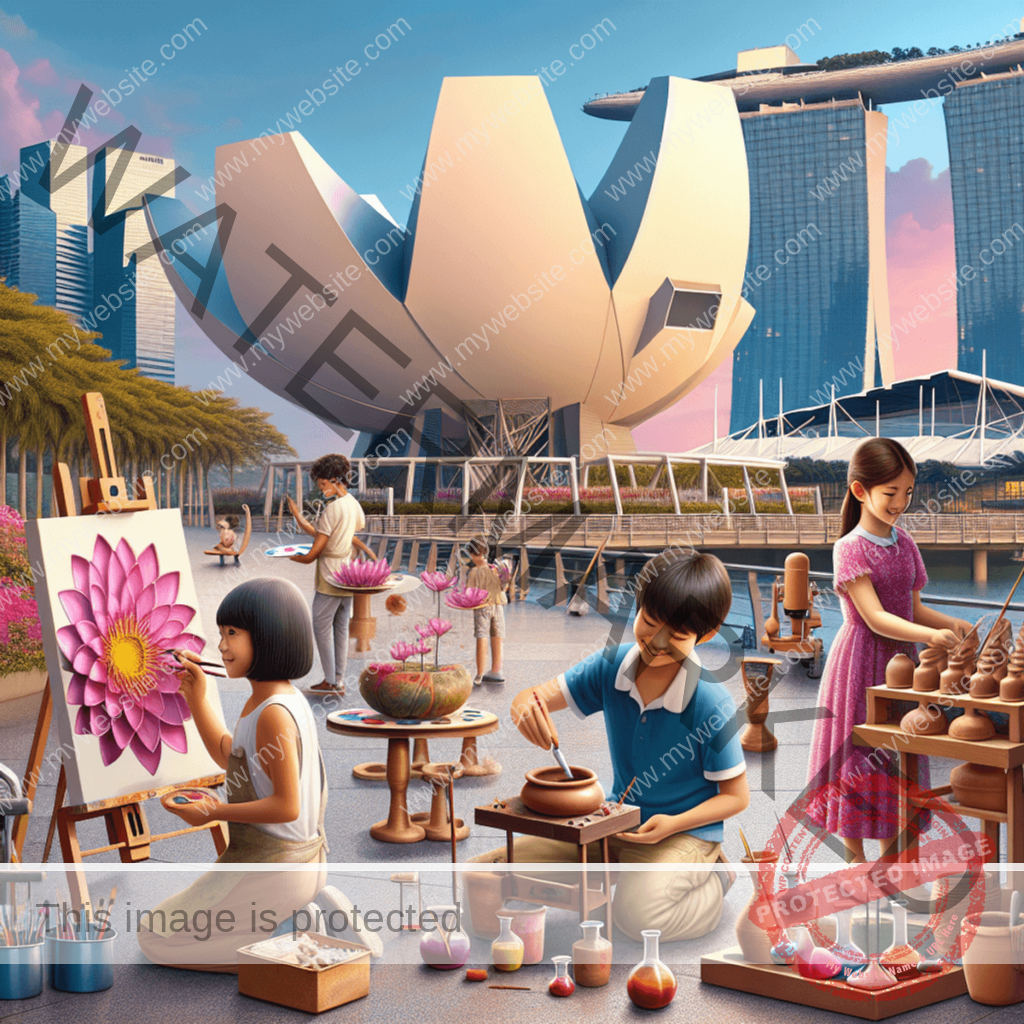 A vibrant outdoor scene featuring the lotus-inspired architecture of the ArtScience Museum at Marina Bay Sands in Singapore. Three children of differe
