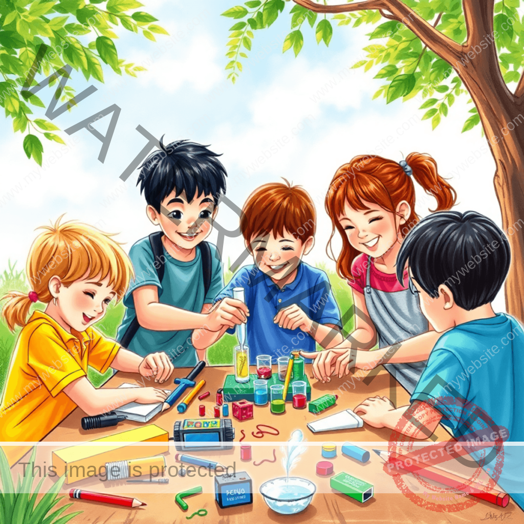Children collaborating on a STEM project outdoors at summer camp, surrounded by nature, with colorful materials scattered around, showcasing excitemen