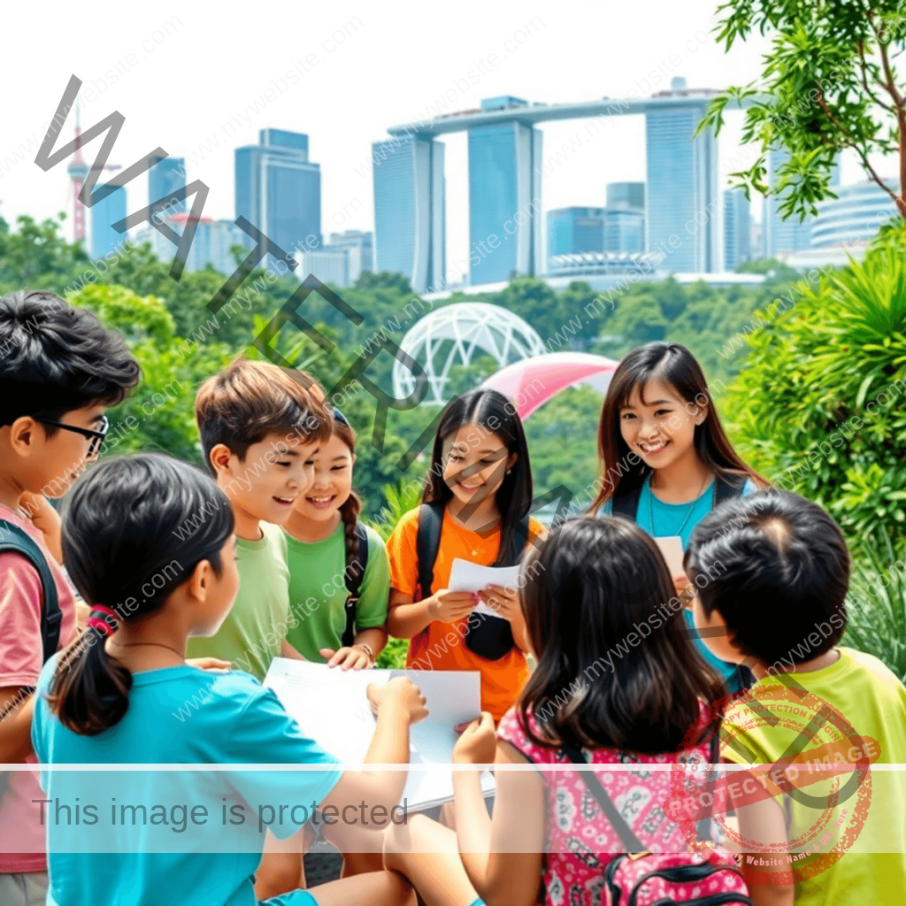 A diverse group of young students engaged in outdoor language exercises at a summer camp, surrounded by greenery and Singaporean landmarks, showcasing