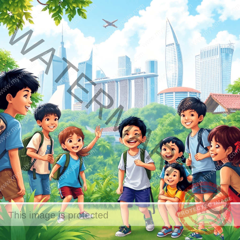 A lively summer camp scene in Singapore with children enjoying outdoor activities amidst lush greenery and iconic landmarks, capturing joy, learning,
