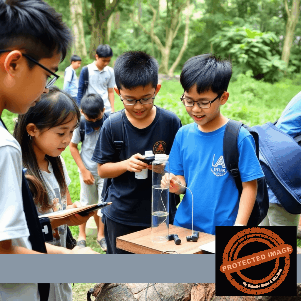 Children at a summer camp building robots, coding on laptops, and doing science experiments outdoors under a bright sunny sky.