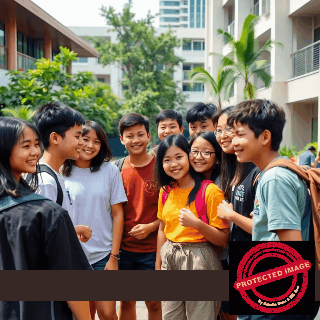 Teenagers participating in outdoor leadership activities at a vibrant summer camp with Singapore cityscape in the background, symbolizing growth and c