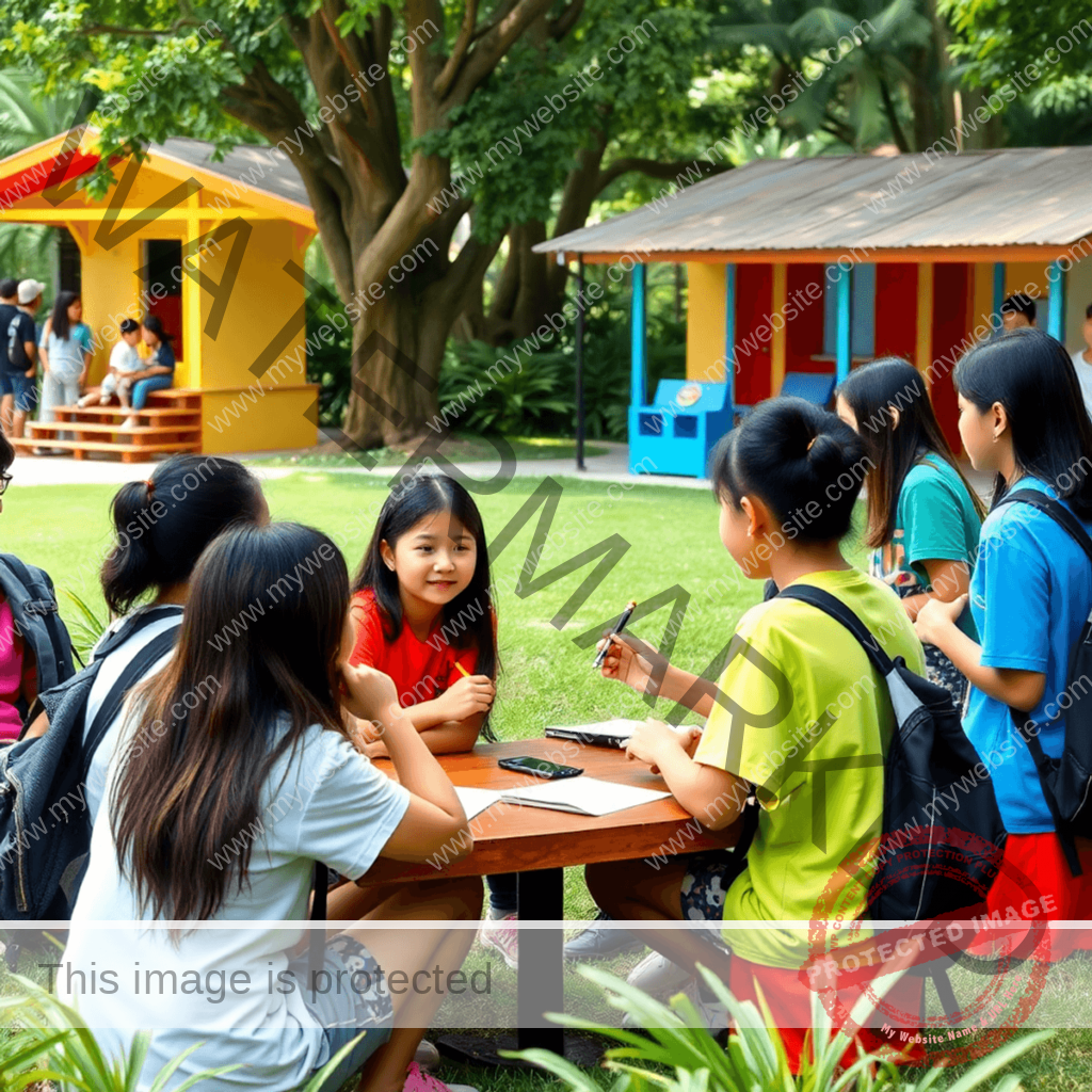 Children playing language learning games outdoors at a summer camp, surrounded by greenery showcasing joy and camaraderie in a vibrant atmosphere.