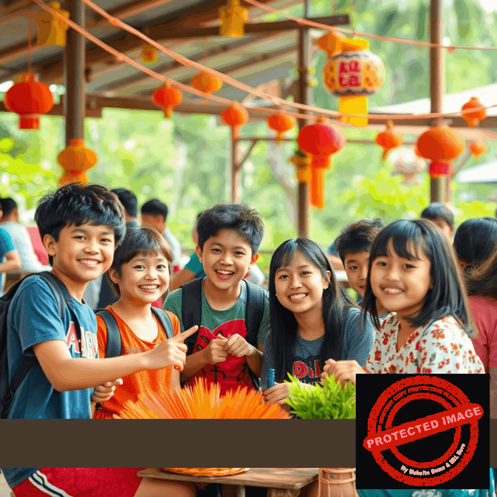 Children at a vibrant summer camp engaging in arts activities, and cultural exchange outdoors with colorful tents and greenery.