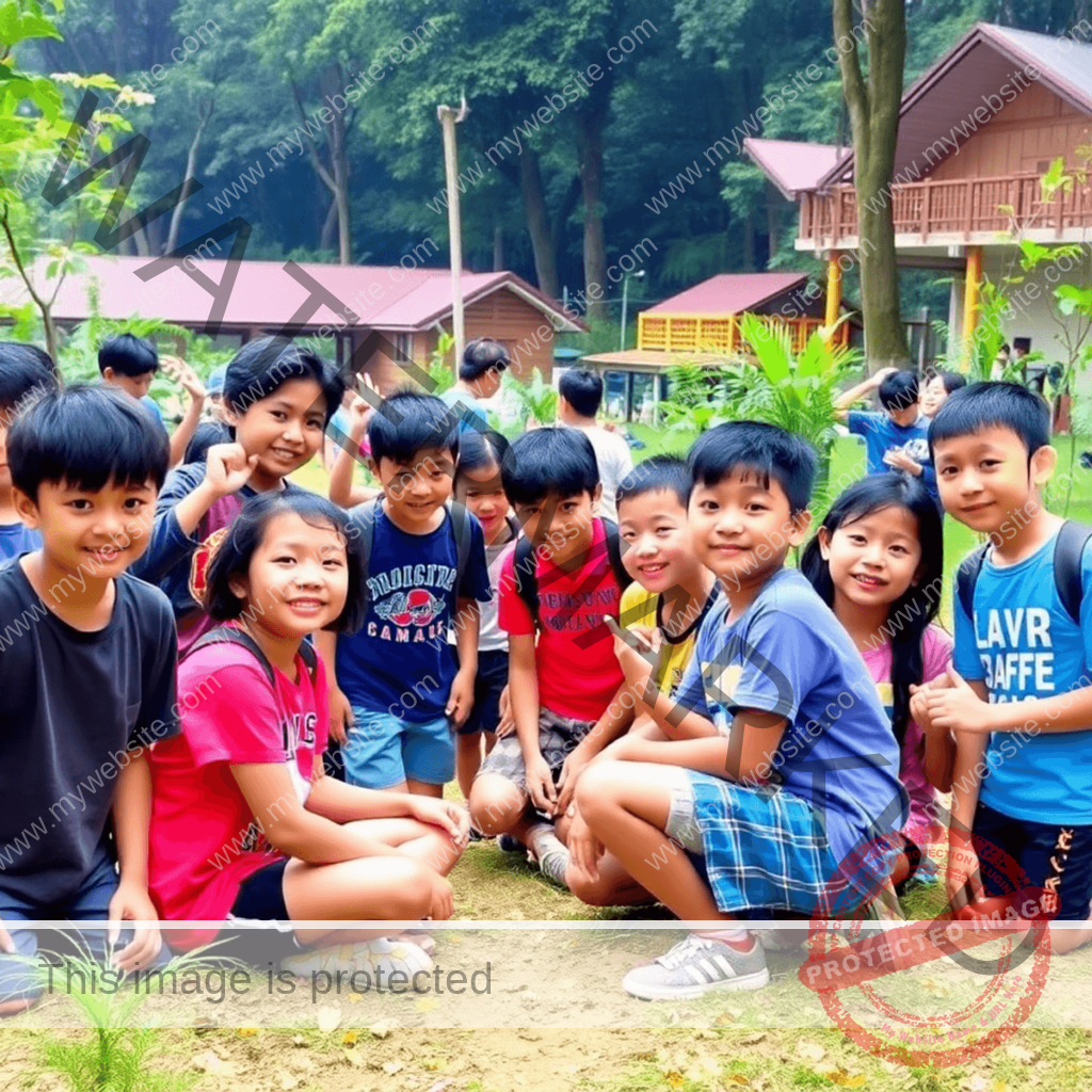 A lively summer camp scene in Singapore with children enjoying outdoor language-learning activities, surrounded by tents, trees, and a bright blue sky