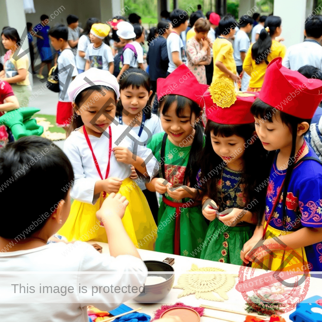 A lively scene of children engaged in cultural activities at a summer camp, surrounded by colorful decorations, showcasing joy and hands-on learning i