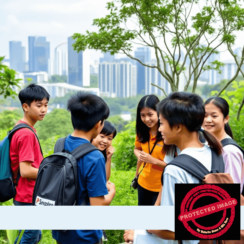 Teenagers collaborating on leadership activities outdoors at a vibrant summer camp with cityscape and greenery in the background.