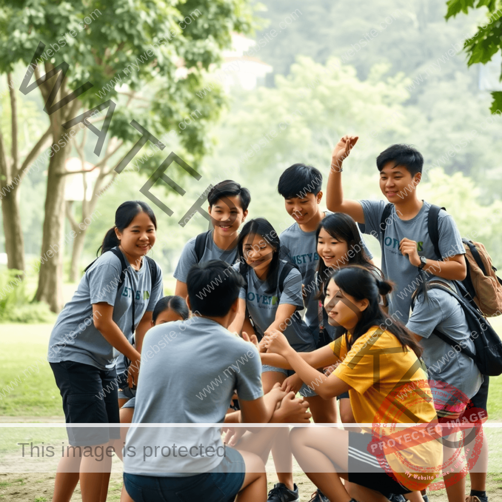 A lively group of young individuals participating in outdoor team-building activities at a lush leadership camp, featuring teamwork exercises, exuding