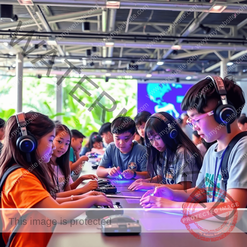 A lively group of children collaborating on a tech project at an AI summer camp, using laptops and robotics kits, with colorful innovation posters and