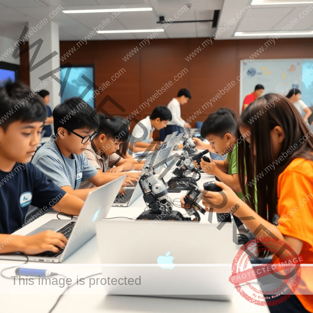 A lively summer camp scene with students engaged in hands-on AI activities, working on laptops and robotics kits.