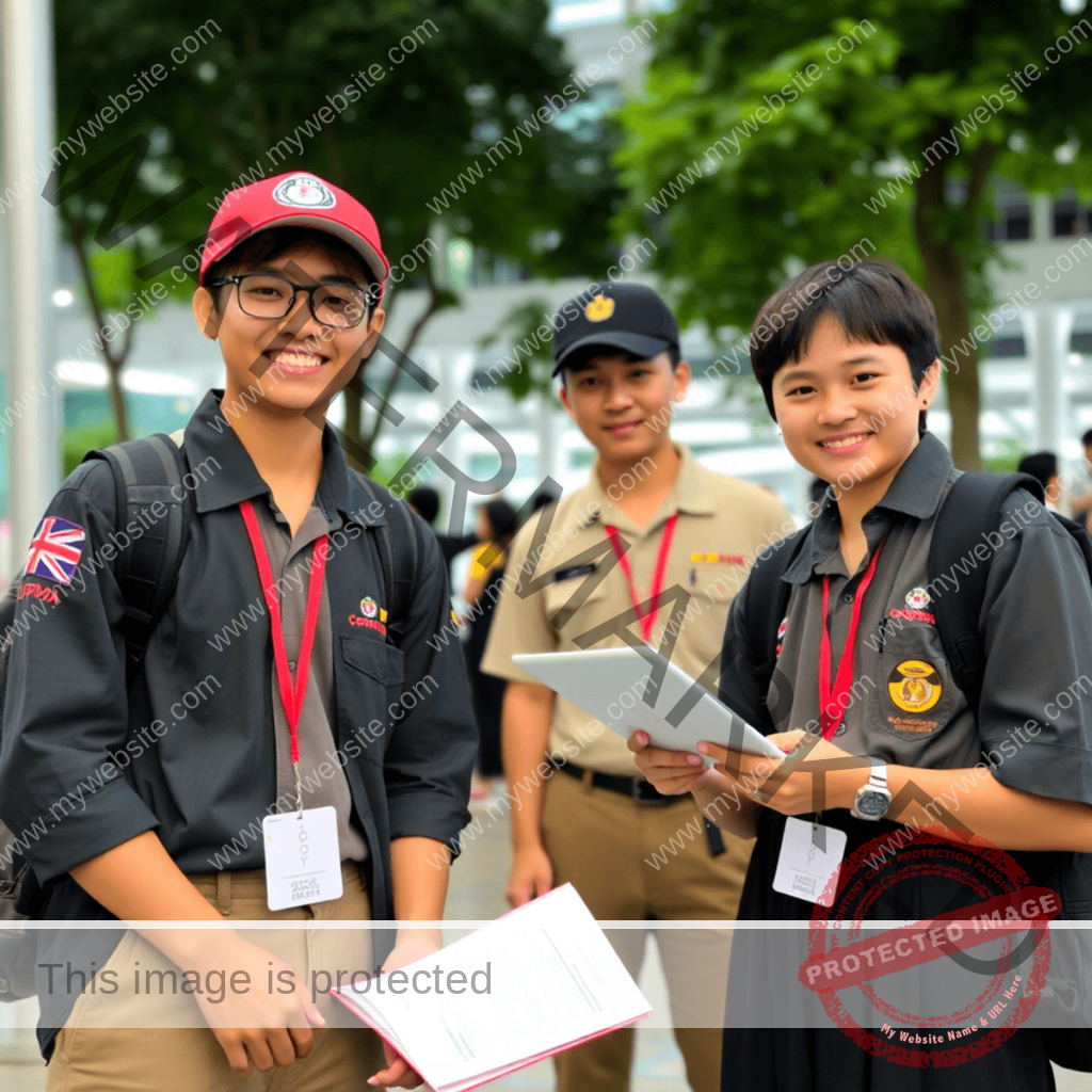 A lively scene of students engaged in hands-on learning at a summer camp in Singapore, featuring science experiments and technology projects against i