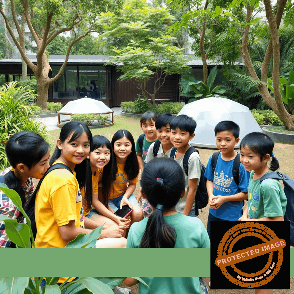 Students engaging in interactive outdoor learning with tech, sustainability, esports, and cultural elements against Singapore landmarks and greenery.