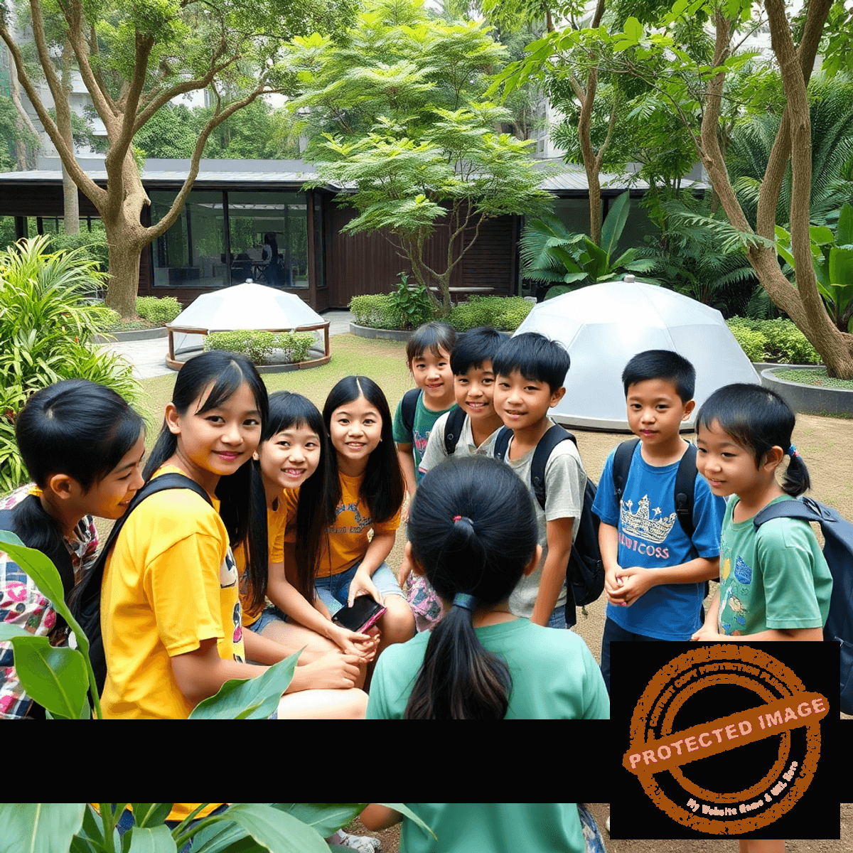 Students engaging in interactive outdoor learning with tech, sustainability, esports, and cultural elements against Singapore landmarks and greenery.