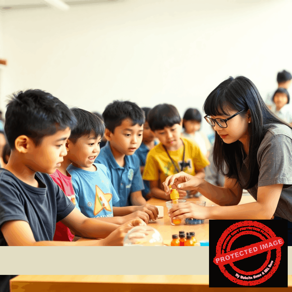 Children at a vibrant summer camp engaged in robotics and coding activities in a modern learning space with futuristic technology.