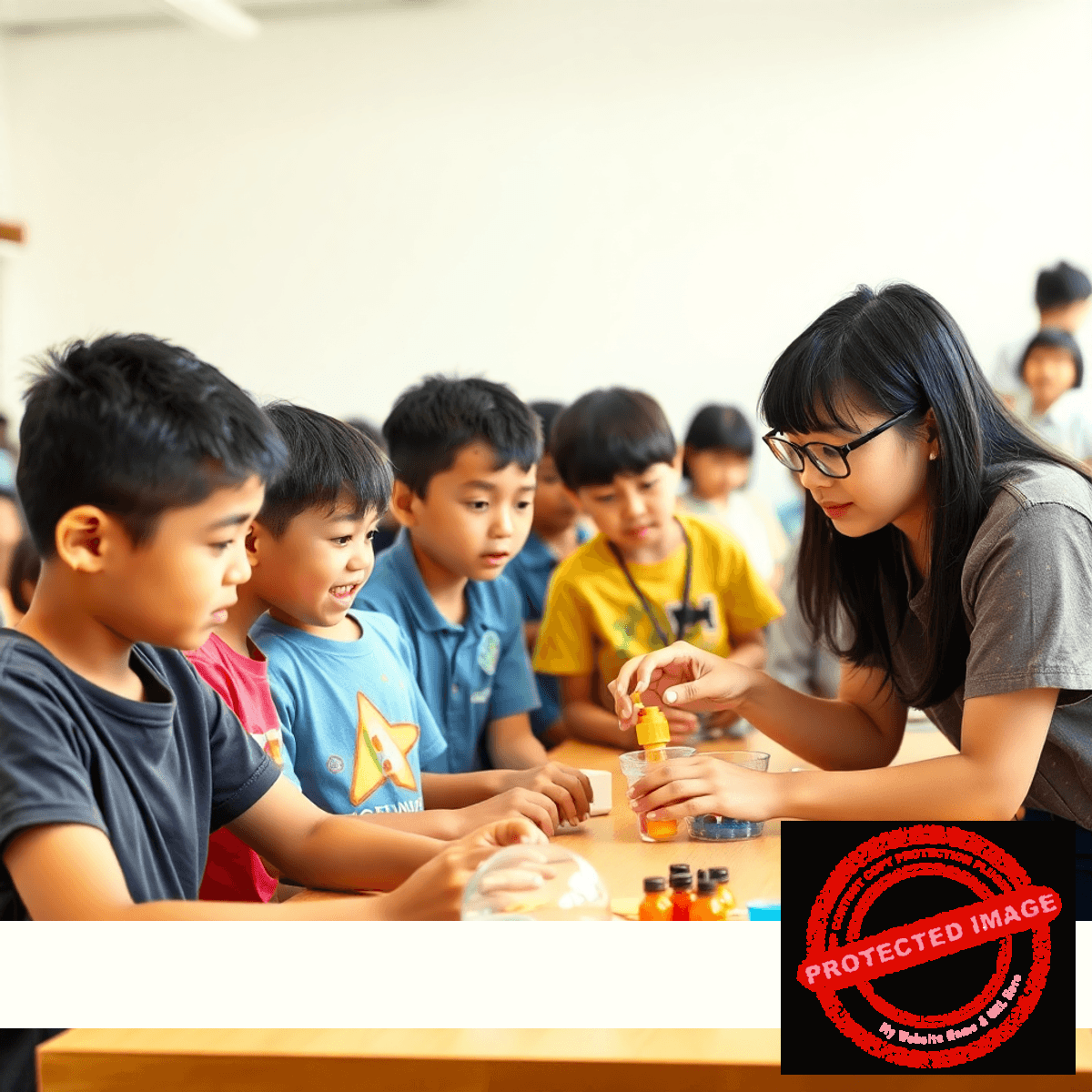 Children at a vibrant summer camp engaged in robotics and coding activities in a modern learning space with futuristic technology.