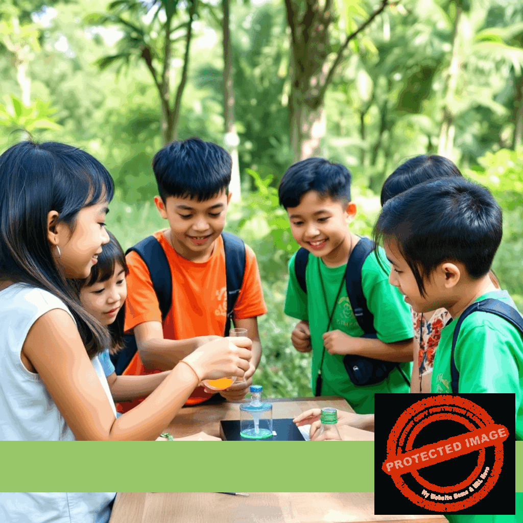 Children at a summer camp building robots and doing outdoor experiments, surrounded by colorful science and technology icons symbolizing innovation an