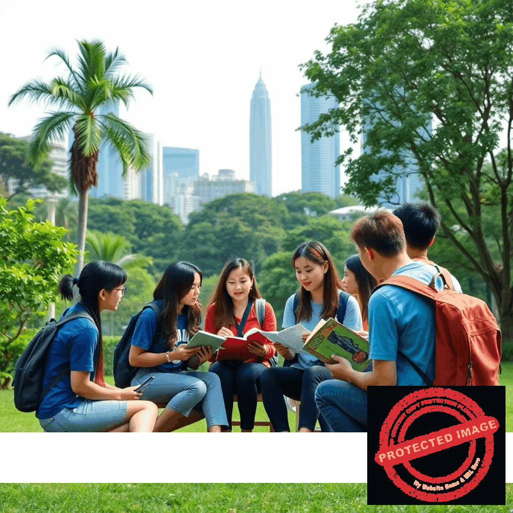 A group of students enjoy studying at outdoors in a peaceful natural environment.