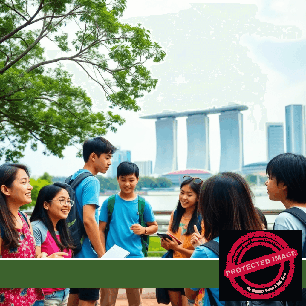 Teenagers engaged in outdoor interactive learning with Singapore landmarks in the background, capturing a vibrant summer study travel camp.