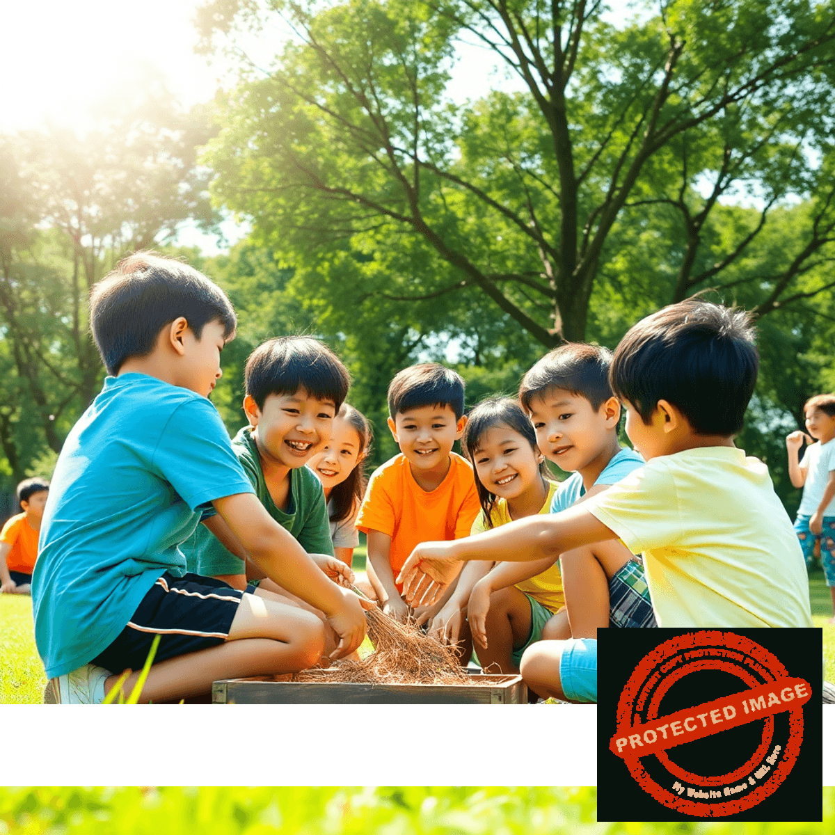 Children at summer camp working together outdoors under a sunny sky and green trees.