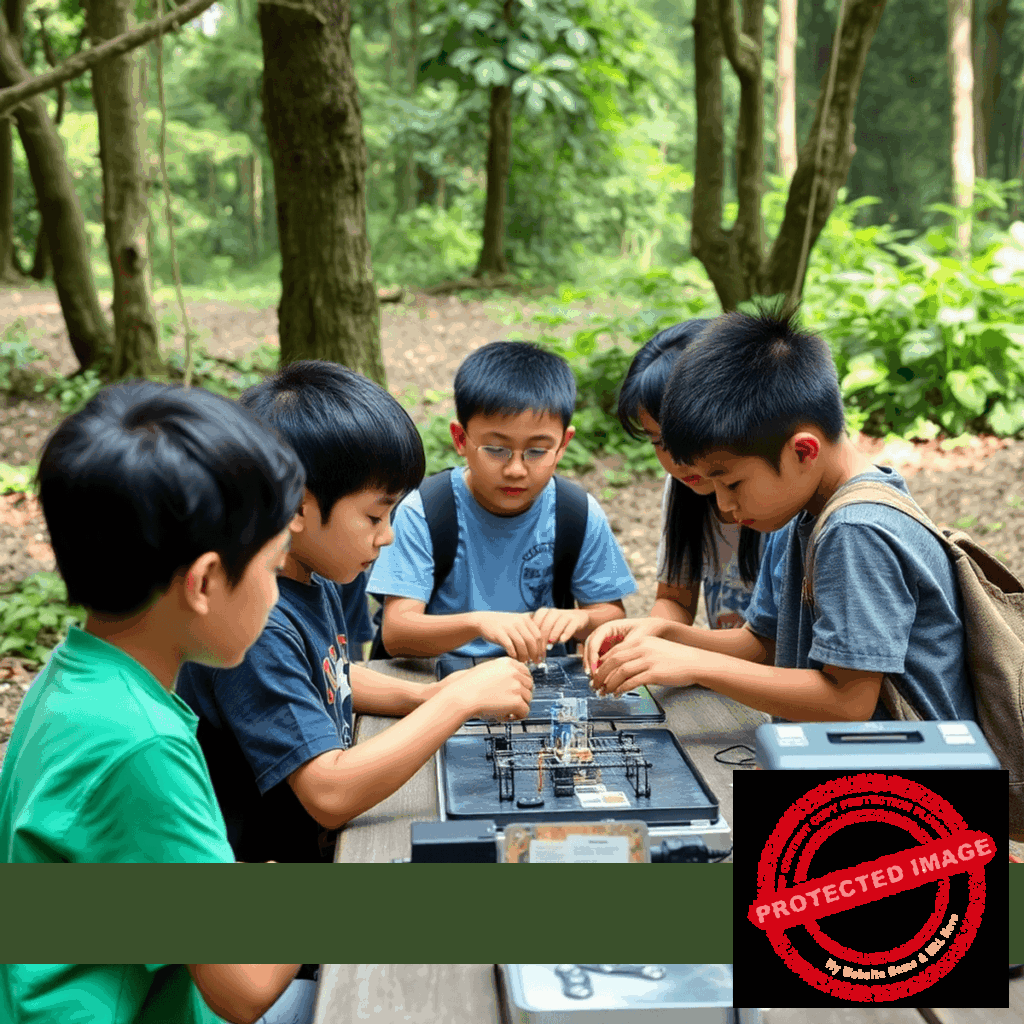 Children at a summer camp engaged in coding, building robots, and science experiments outdoors near modern buildings and green spaces.