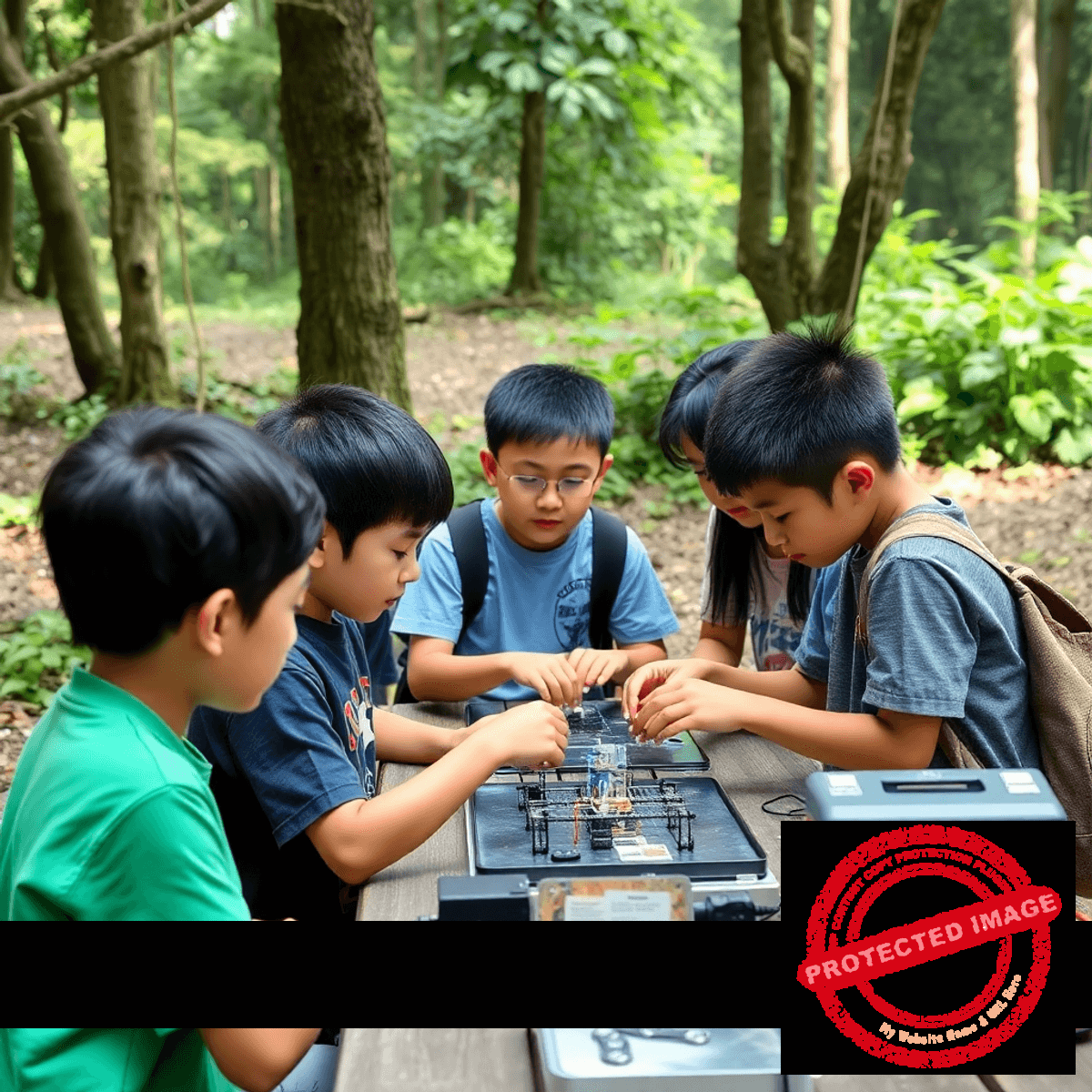 Children at a summer camp engaged in coding, building robots, and science experiments outdoors near modern buildings and green spaces.