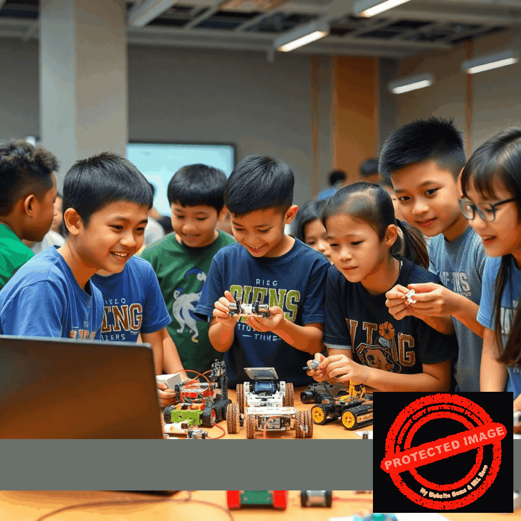 Children engaged in hands-on STEM activities like building robots, coding, and science experiments in a bright, colorful classroom with enthusiastic t