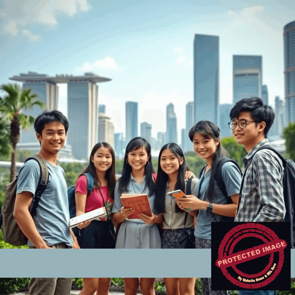Teenagers engaged in outdoor STEM activities at a vibrant summer camp with iconic Singapore landmarks in the background.