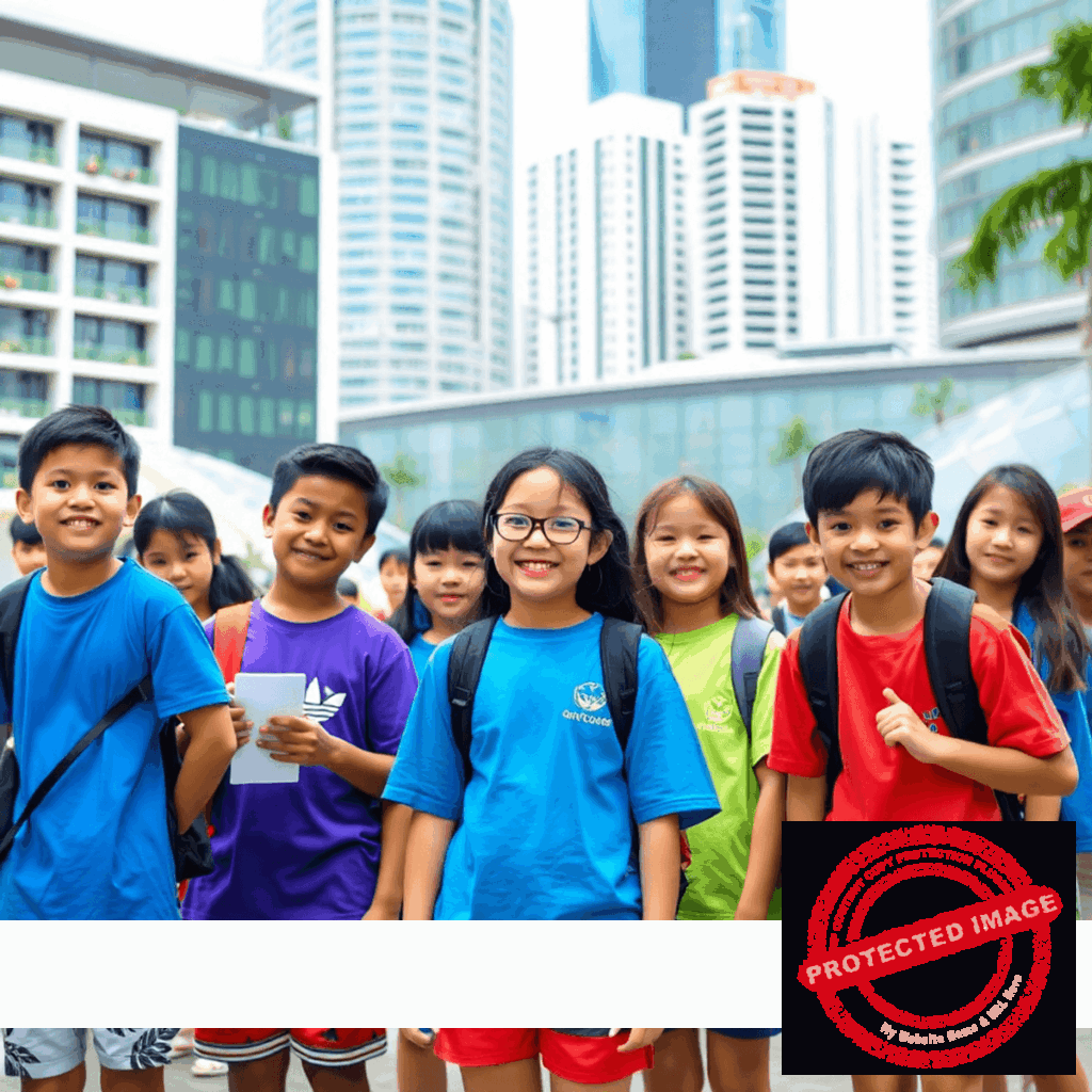 Children enjoying educational activities at Camp Cosmos with colorful banners, books, and speech bubbles, set against Singapore landmarks and greenery