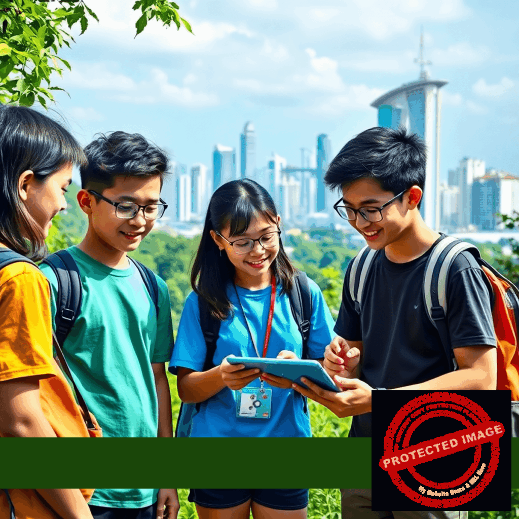 Teenagers outdoors at a vibrant summer camp in Singapore, engaging in interactive English learning with cultural exchange and technology, surrounded b