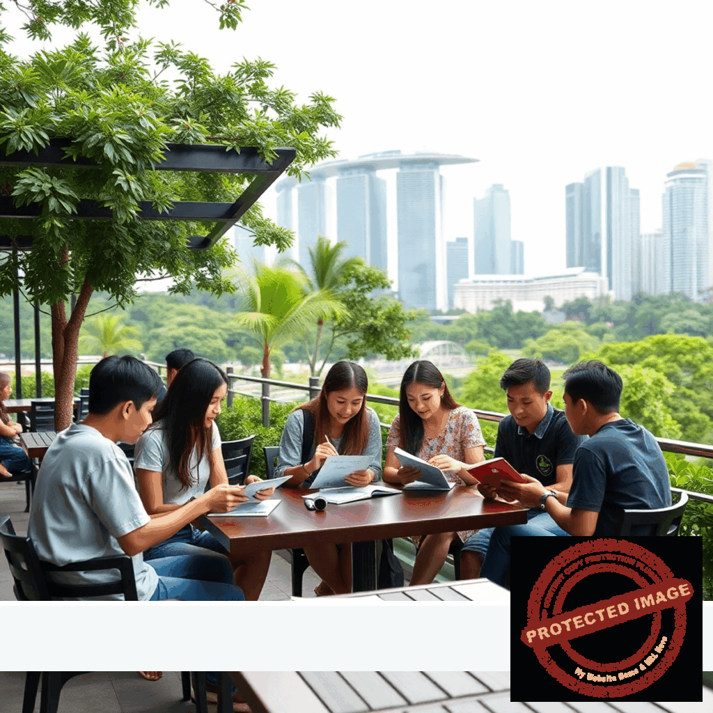 Group of students studying outdoors with Singapore city skyline and greenery in the background, highlighting education and cultural immersion.