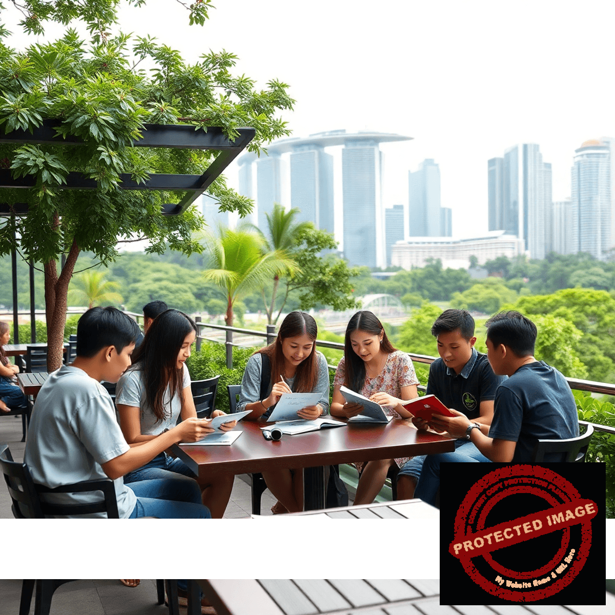 Group of students studying outdoors with Singapore city skyline and greenery in the background, highlighting education and cultural immersion.