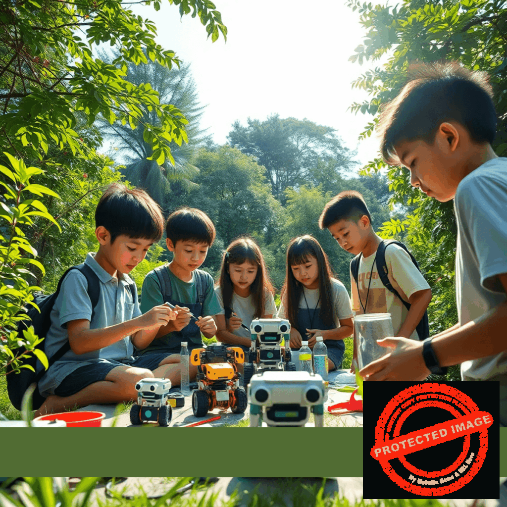 Students at a summer camp building robots and doing science experiments outdoors with nature under a sunny sky.
