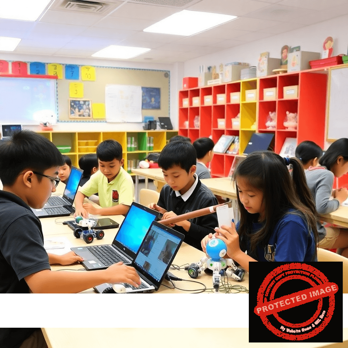 Children actively engaged in hands-on STEM activities with robots and laptops in a colorful, tech-filled classroom.