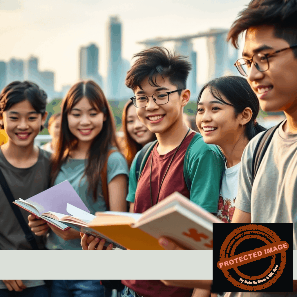 Teenagers at a vibrant outdoor summer camp in Singapore, engaging in English learning activities with books and the city skyline behind them.