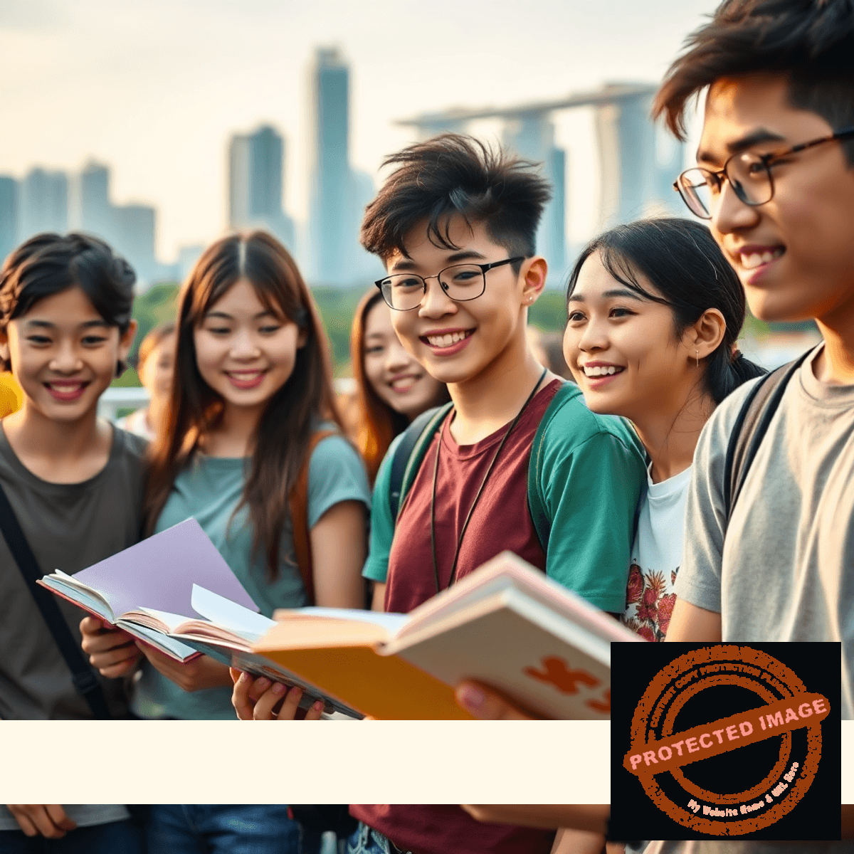 Teenagers at a vibrant outdoor summer camp in Singapore, engaging in English learning activities with books and the city skyline behind them.