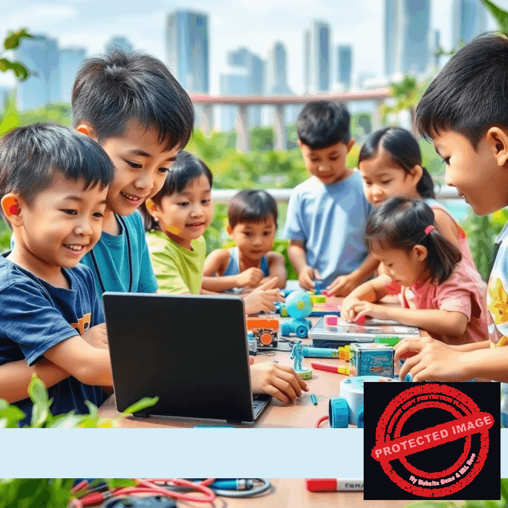Children at an outdoor summer camp in Singapore engaged in STEM activities with robotics and coding, surrounded by colorful tools and greenery, city s