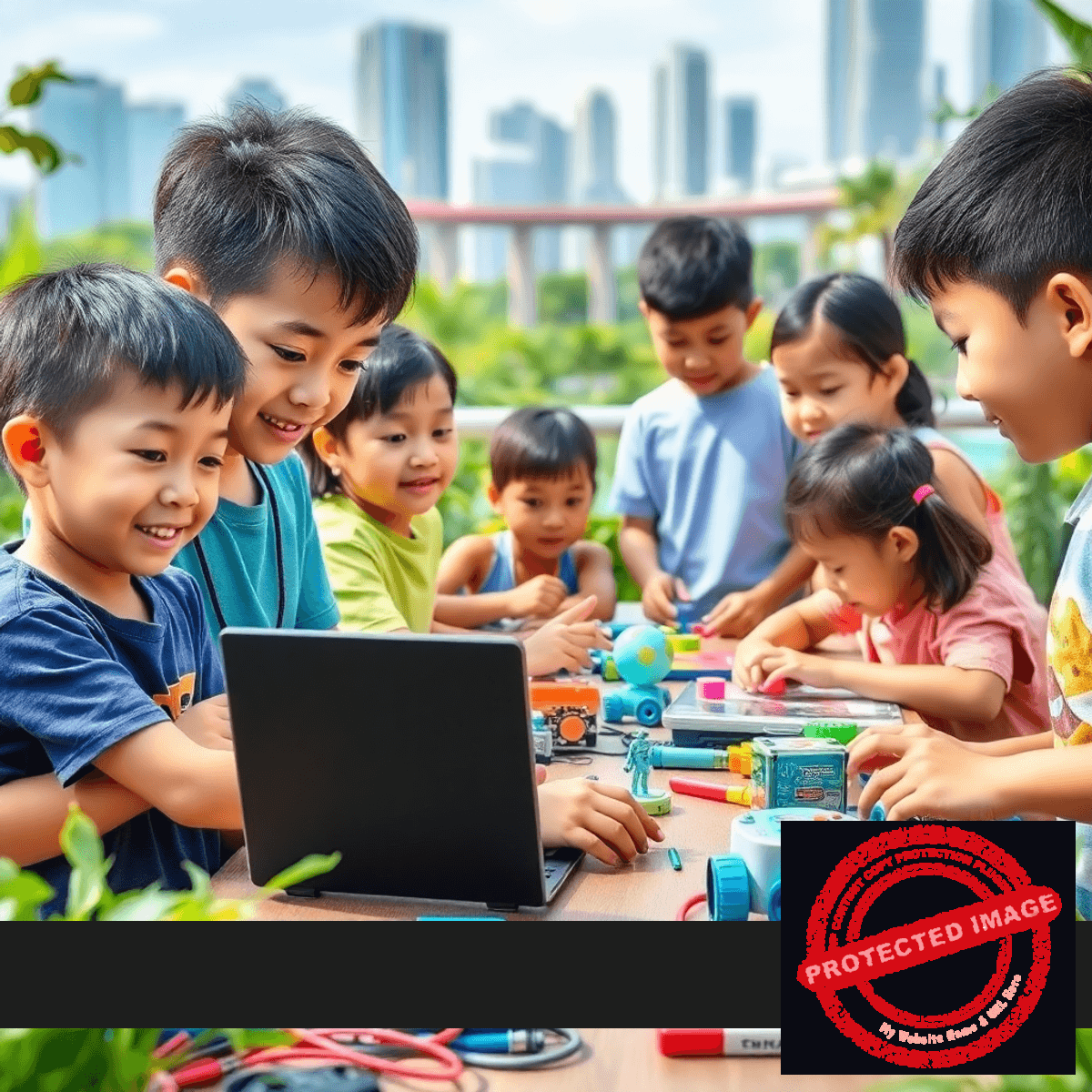 Children at an outdoor summer camp in Singapore engaged in STEM activities with robotics and coding, surrounded by colorful tools and greenery, city s