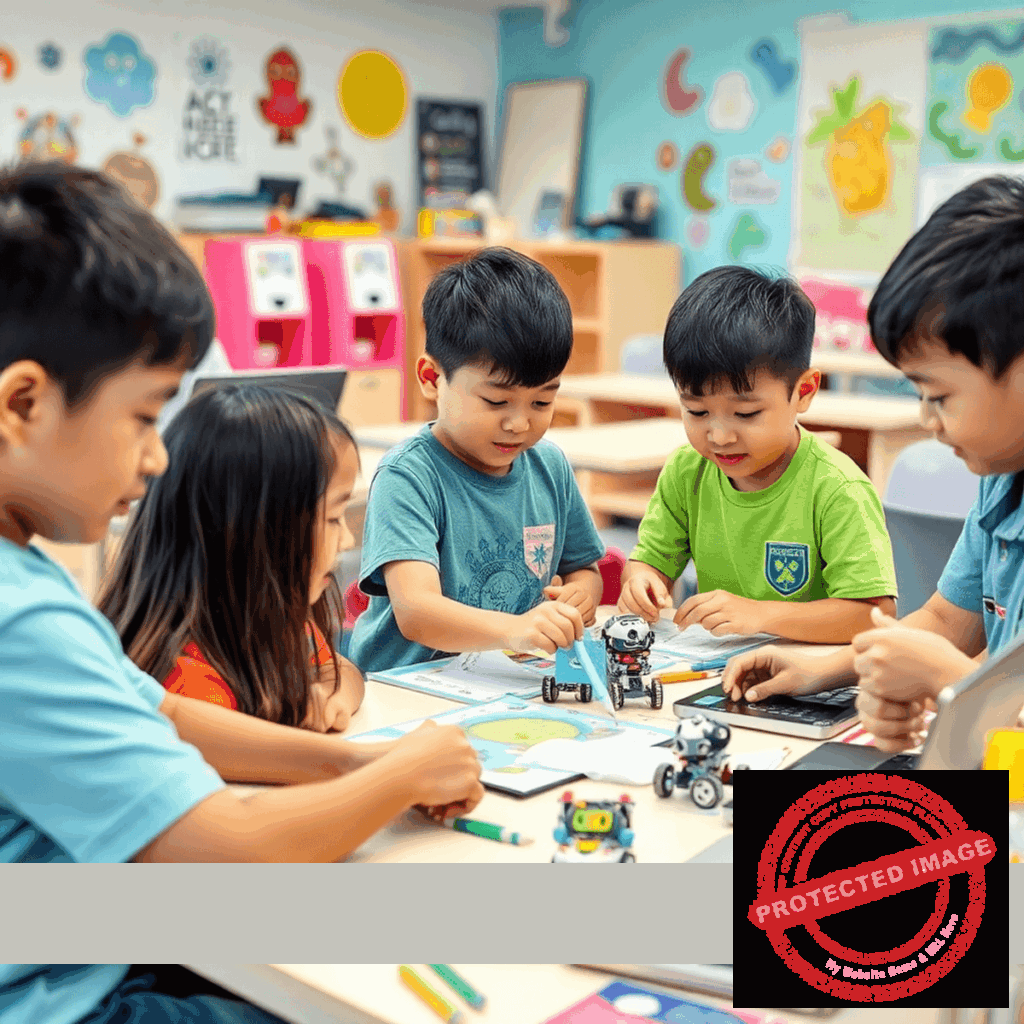 Children engaged in hands-on STEM activities in a colorful classroom filled with laptops, robots, science tools, and art supplies during a summer camp