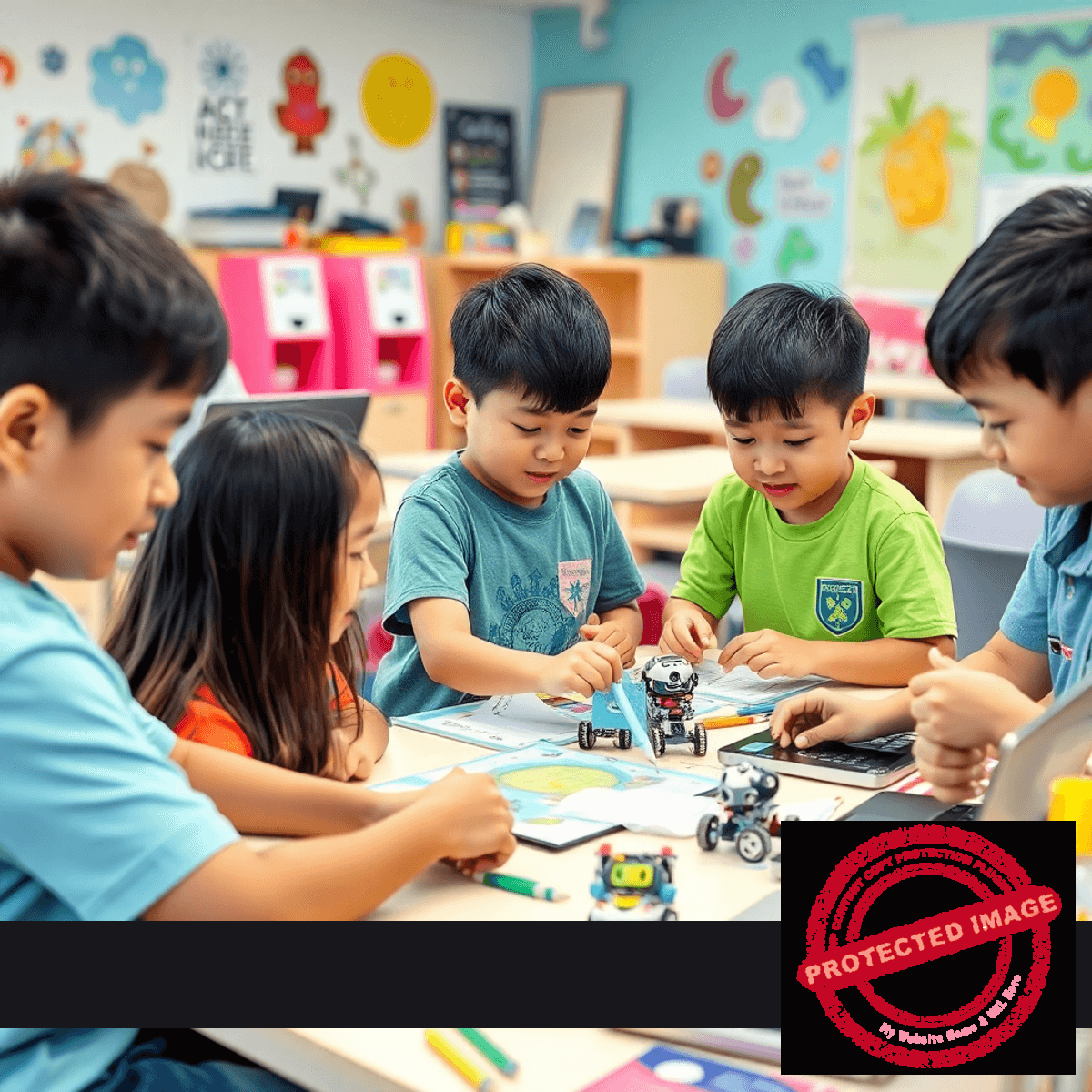 Children engaged in hands-on STEM activities in a colorful classroom filled with laptops, robots, science tools, and art supplies during a summer camp
