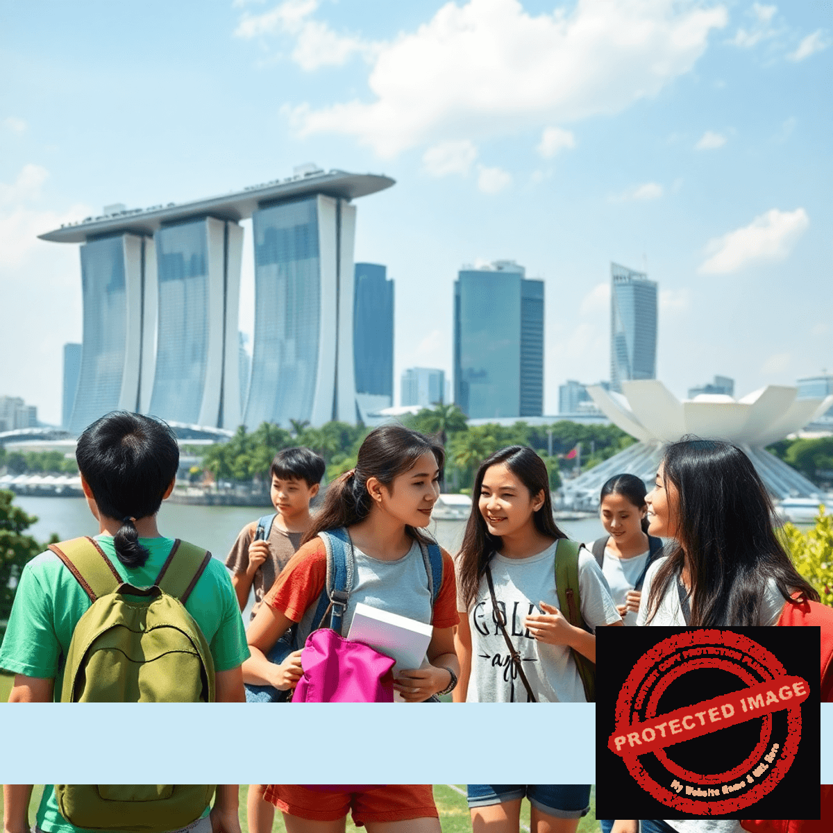Teenagers exploring Singapore landmarks Marina Bay Sands and Gardens by the Bay, engaged in interactive outdoor learning activities in a vibrant city