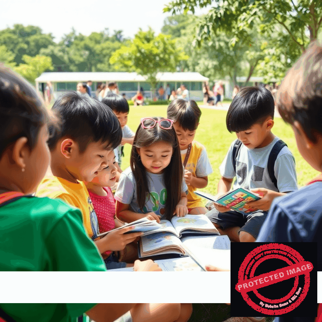 Students at a lively outdoor summer camp in Singapore engaging in interactive English learning activities with books and educational tools under a sun