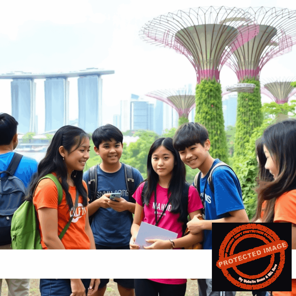 A vibrant image of happy teenagers engaged in outdoor learning activities with Singapore city landmarks in the background, symbolizing education and c