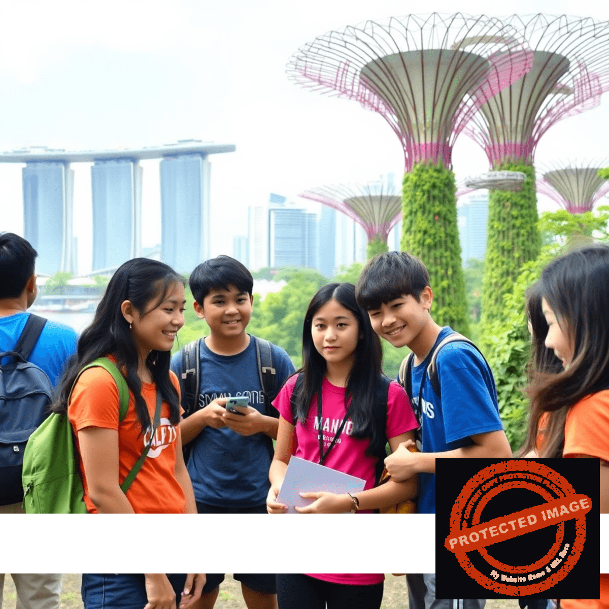 A vibrant image of happy teenagers engaged in outdoor learning activities with Singapore city landmarks in the background, symbolizing education and c