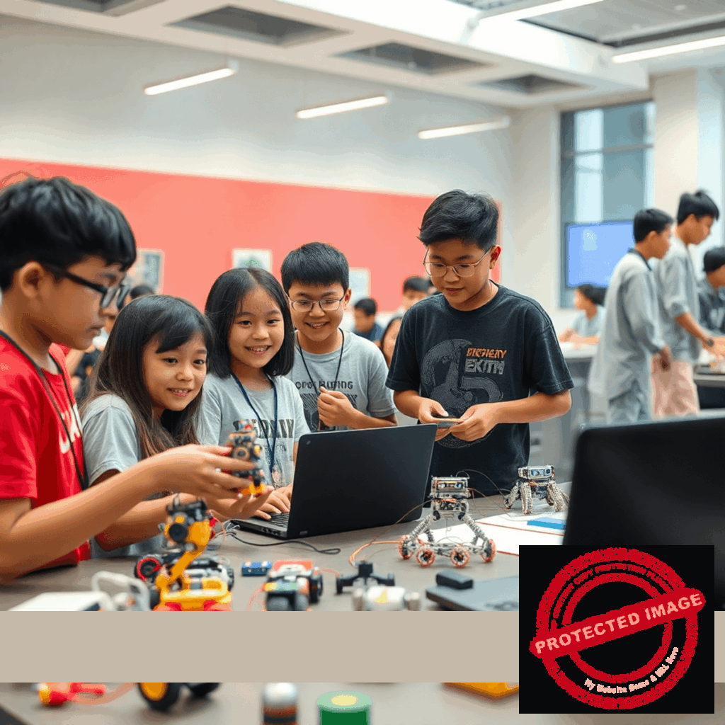 Children engaging in hands-on STEM activities like coding, building robots, and chemistry experiments in a bright, colorful summer camp setting.