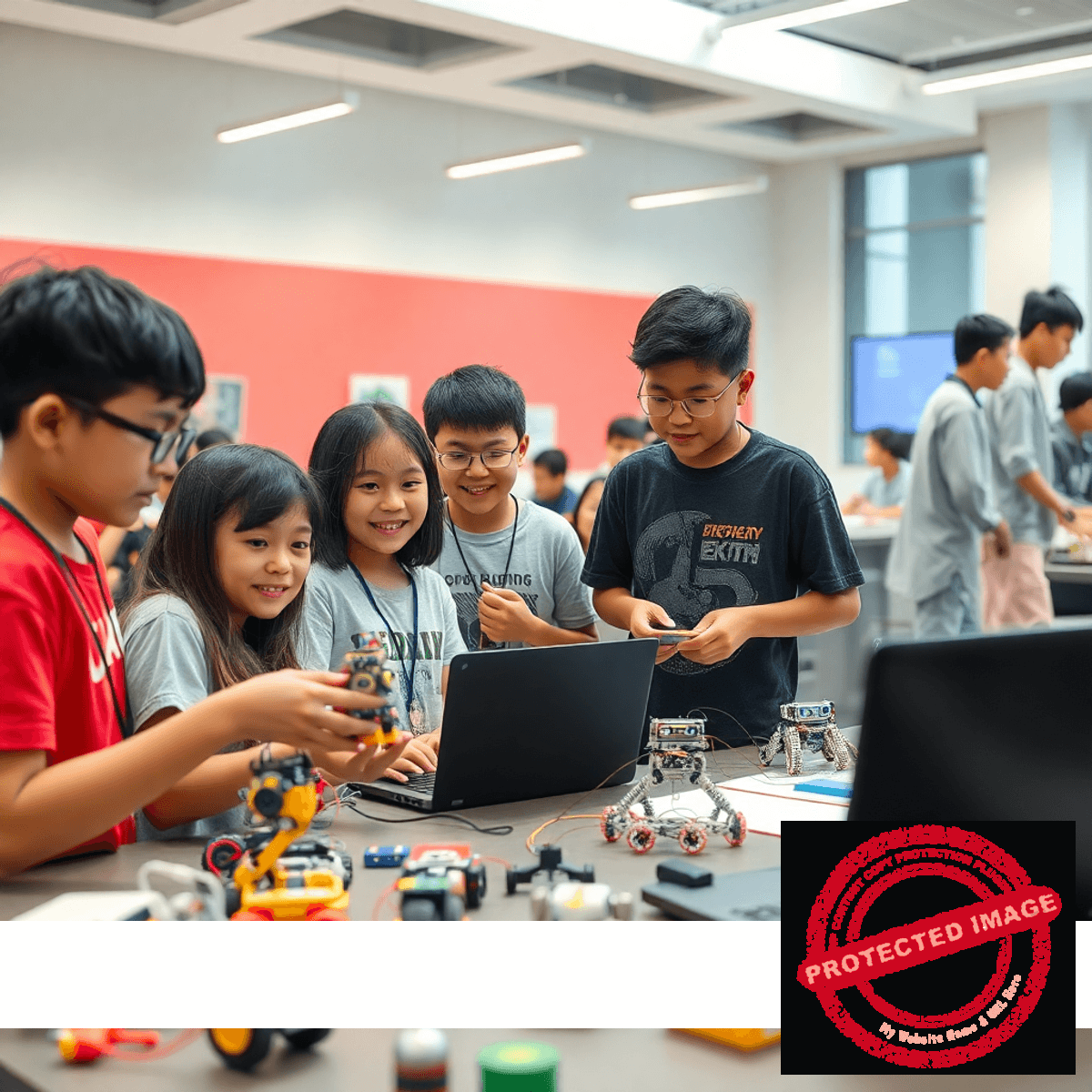 Children engaging in hands-on STEM activities like coding, building robots, and chemistry experiments in a bright, colorful summer camp setting.