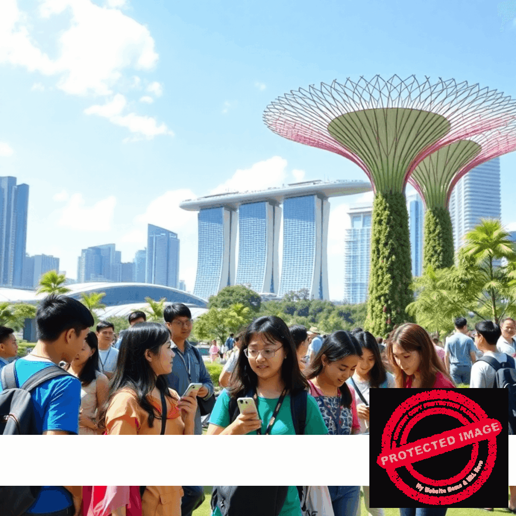 A vibrant Singapore cityscape with Marina Bay Sands and Supertree Grove, students engaging in outdoor learning and tech workshops, symbolizing study t