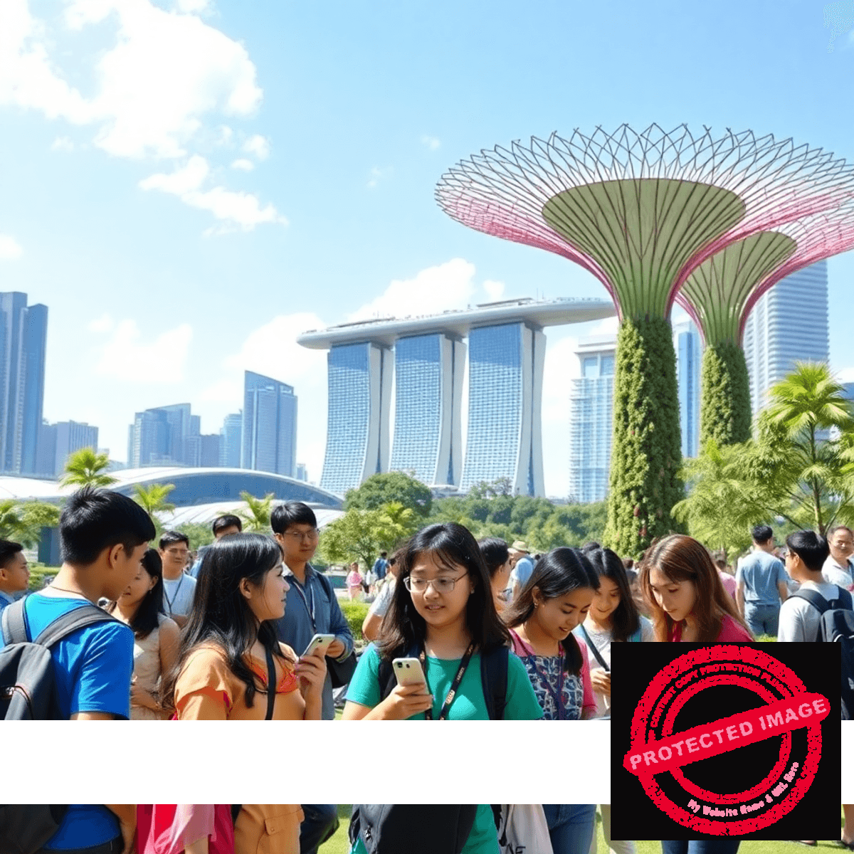 A vibrant Singapore cityscape with Marina Bay Sands and Supertree Grove, students engaging in outdoor learning and tech workshops, symbolizing study t