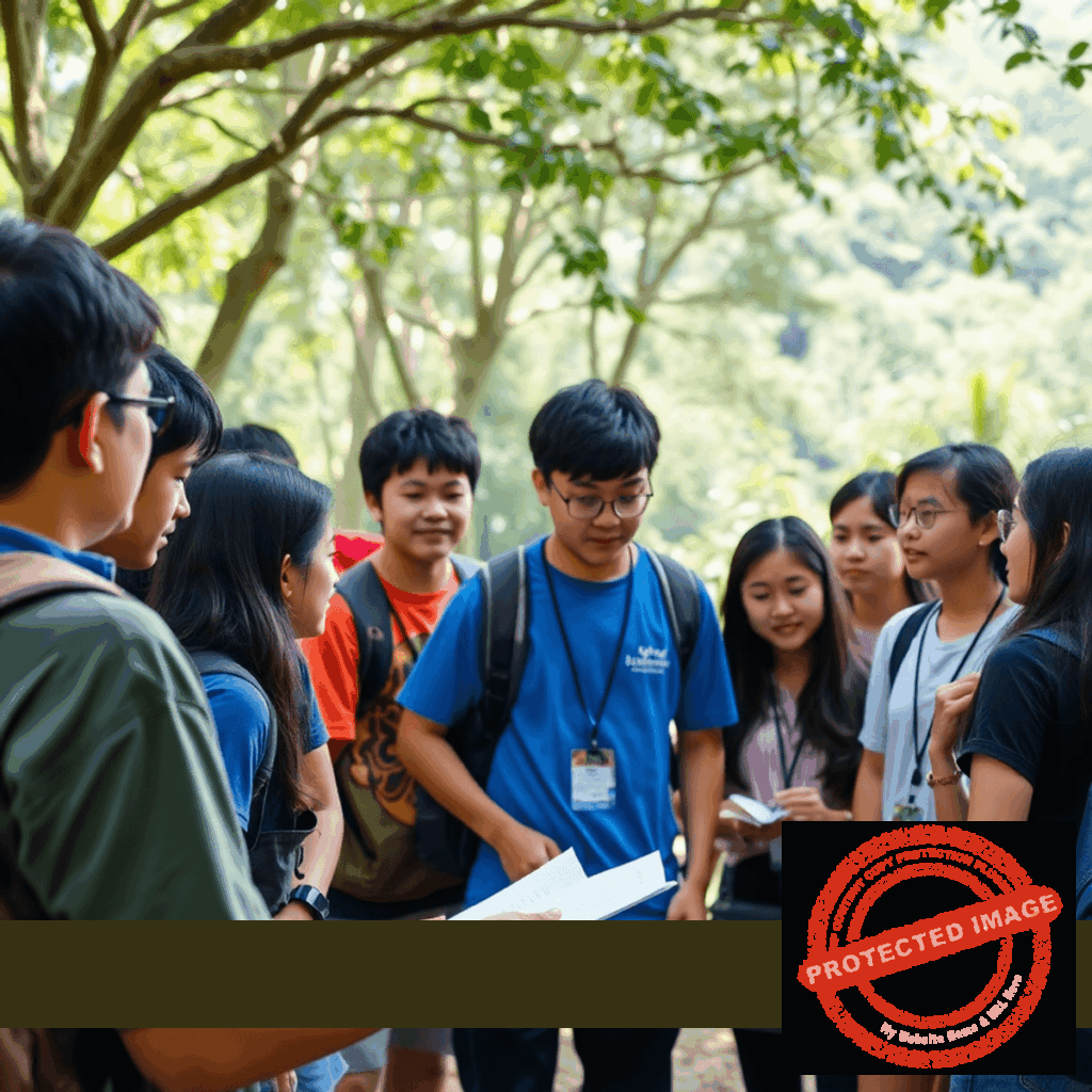 Youth engaged in teamwork and leadership activities outdoors at summer camp, with a rising sun and connected puzzle pieces symbolizing growth and lear