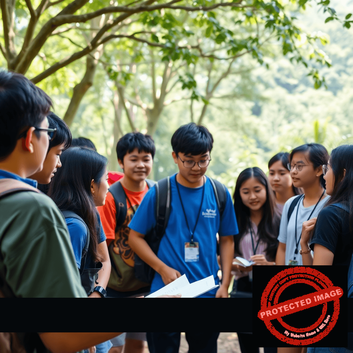 Youth engaged in teamwork and leadership activities outdoors at summer camp, with a rising sun and connected puzzle pieces symbolizing growth and lear