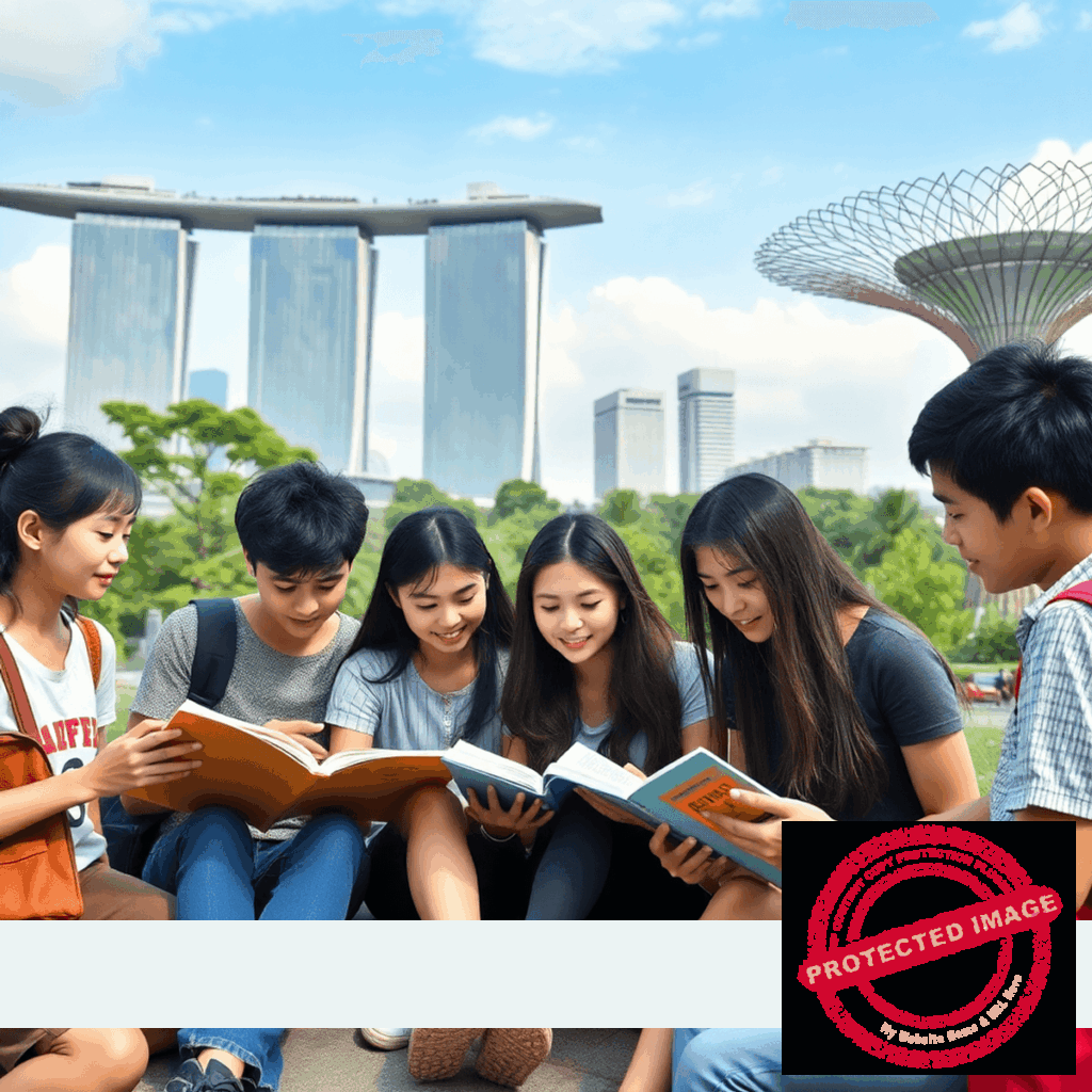 Cityscape of Singapore with Marina Bay Sands, Merlion, and subtle education symbols like books, laptop, and graduation cap under a bright summer sky.